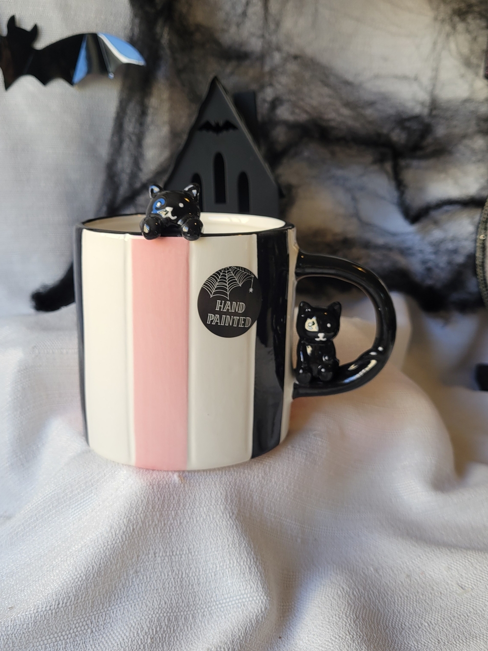 Hand-Painted Striped Ceramic Mug with Black Cat Accent
